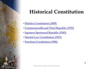 Historical Constitution

• Malolos Constitution (1899)
• Commonwealth and Third Republic (1935)
• Japanese Sponsored Repub...