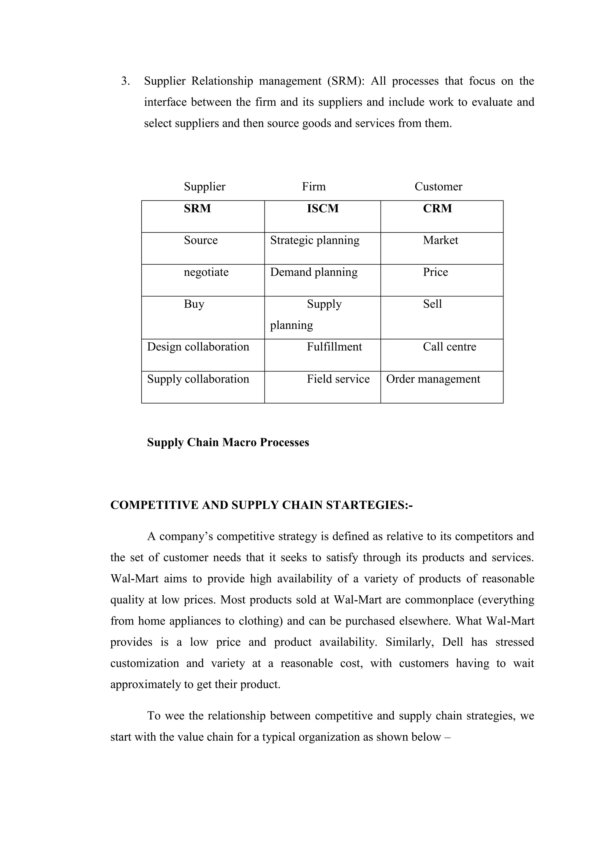 3.   Supplier Relationship management (SRM): All processes that focus on the
       interface between the firm and its suppliers and include work to evaluate and
       select suppliers and then source goods and services from them.




               Supplier                Firm                   Customer
               SRM                      ISCM                    CRM

               Source           Strategic planning              Market

               negotiate        Demand planning                 Price

               Buy                      Supply                  Sell
                                planning
       Design collaboration             Fulfillment             Call centre

       Supply collaboration             Field service   Order management




       Supply Chain Macro Processes




COMPETITIVE AND SUPPLY CHAIN STARTEGIES:-

       A company’s competitive strategy is defined as relative to its competitors and
the set of customer needs that it seeks to satisfy through its products and services.
Wal-Mart aims to provide high availability of a variety of products of reasonable
quality at low prices. Most products sold at Wal-Mart are commonplace (everything
from home appliances to clothing) and can be purchased elsewhere. What Wal-Mart
provides is a low price and product availability. Similarly, Dell has stressed
customization and variety at a reasonable cost, with customers having to wait
approximately to get their product.

       To wee the relationship between competitive and supply chain strategies, we
start with the value chain for a typical organization as shown below –
 