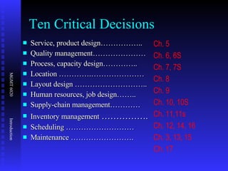 Ten Critical Decisions Service, product design…………….. Quality management………………… Process, capacity design………….. Location ………….………………… Layout design ……………………….. Human resources, job design…….. Supply-chain management………… Inventory management  ……………. Scheduling ……………………… Maintenance ……………………. Ch. 5 Ch. 6, 6S Ch. 7, 7S Ch. 8 Ch. 9 Ch. 10, 10S Ch. 11,11s Ch. 12, 14, 16 Ch. 3, 13, 15 Ch. 17 
