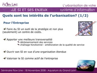 LE SI ET SES ENJEUX Quels sont les intérêts de l’urbanisation? (1/2) Pour l’Entreprise Faire du SI un outil de la stratégie et non plus  (seulement) un centre de coûts. Apporter une meilleure transversalité  décloisonnement des services chaînage fonctionnel - amélioration de la qualité de service Ouvrir son SI en vue d’une organisation étendue Valoriser le SI comme actif de l’entreprise 