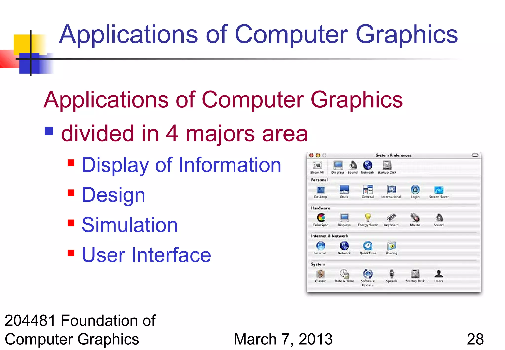 Applications of Computer Graphics

     Applications of Computer Graphics
      divided in 4 majors area

         Display of Information
         Design

         Simulation

         User Interface




204481 Foundation of
Computer Graphics         March 7, 2013    28
 