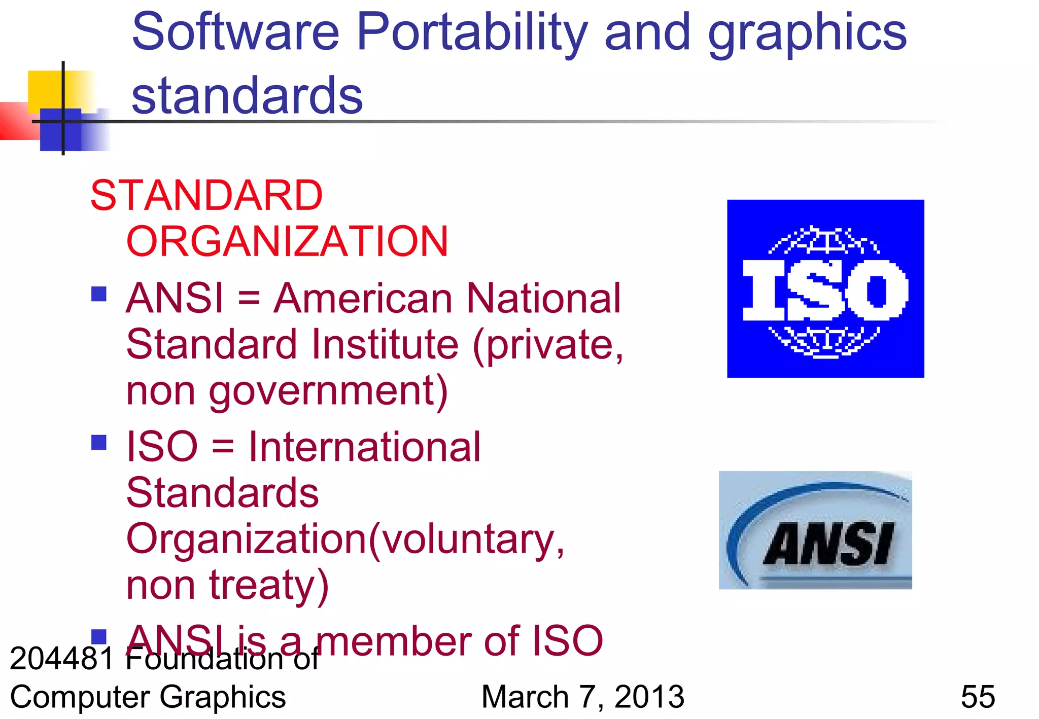 Software Portability and graphics
       standards
     STANDARD
       ORGANIZATION
      ANSI = American National

       Standard Institute (private,
       non government)
      ISO = International

       Standards
       Organization(voluntary,
       non treaty)
      ANSI is a member of ISO
204481 Foundation of
Computer Graphics         March 7, 2013    55
 