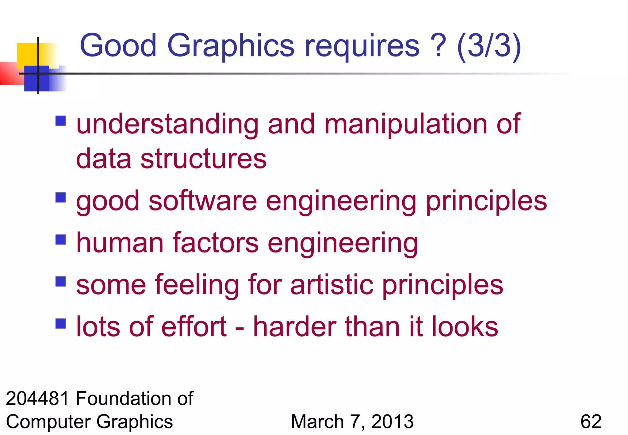 Good Graphics requires ? (3/3)

      understanding and manipulation of
       data structures
      good software engineering principles

      human factors engineering

      some feeling for artistic principles

      lots of effort - harder than it looks



204481 Foundation of
Computer Graphics      March 7, 2013           62
 