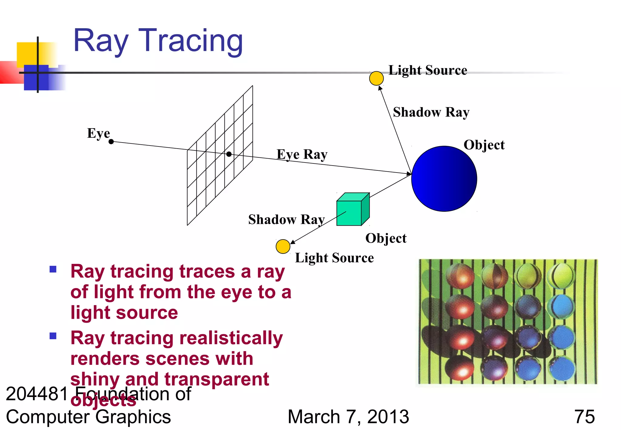 Ray Tracing
                                               Light Source

                                               Shadow Ray
         Eye
                                                          Object
                              Eye Ray



                           Shadow Ray
                                            Object
                                 Light Source
      Ray tracing traces a ray
       of light from the eye to a
       light source
     Ray tracing realistically

       renders scenes with
       shiny and transparent
204481 objects
        Foundation of
Computer Graphics                March 7, 2013                     75
 