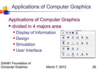 Applications of Computer Graphics

     Applications of Computer Graphics
      divided in 4 majors area

         Display of Information
         Design

         Simulation

         User Interface




204481 Foundation of
Computer Graphics         March 7, 2013    28
 