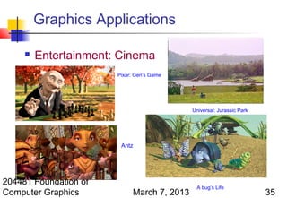 Graphics Applications

        Entertainment: Cinema
                       Pixar: Geri’s Game




                                             Universal: Jurassic Park




                        Antz




204481 Foundation of
                                              A bug’s Life
Computer Graphics            March 7, 2013                              35
 