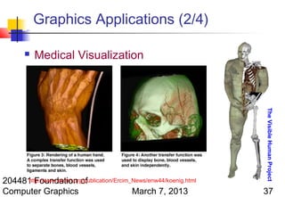 Graphics Applications (2/4)

          Medical Visualization




                                                                     The Visible Human Project
204481 Foundation of
     http://www.ercim.org/publication/Ercim_News/enw44/koenig.html
Computer Graphics                           March 7, 2013            37
 