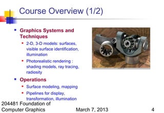Course Overview (1/2)

        Graphics Systems and
         Techniques
            2-D, 3-D models: surfaces,
             visible surface identification,
             illumination
            Photorealistic rendering :
             shading models, ray tracing,
             radiosity
        Operations
            Surface modeling, mapping
            Pipelines for display,
             transformation, illumination
204481 Foundation of
Computer Graphics                         March 7, 2013   4
 