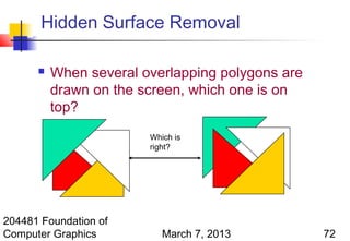 Hidden Surface Removal

         When several overlapping polygons are
          drawn on the screen, which one is on
          top?
                        Which is
                        right?




204481 Foundation of
Computer Graphics          March 7, 2013          72
 