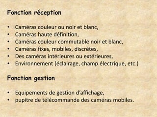 Fonction réception

•   Caméras couleur ou noir et blanc,
•   Caméras haute définition,
•   Caméras couleur commutable noir et blanc,
•   Caméras fixes, mobiles, discrètes,
•   Des caméras intérieures ou extérieures,
•   Environnement (éclairage, champ électrique, etc.)

Fonction gestion

• Equipements de gestion d’affichage,
• pupitre de télécommande des caméras mobiles.
 