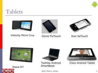 @2011 Mihail L. Sichitiu 5
Tablets
Velocity Micro Cruz Gome FlyTouch Acer beTouch
Dawa D7
Toshiba Android
SmartBook
Cisco Android Tablet
 