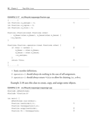 90 Chapter 2 Top of the class
EXAMPLE 2.17 src/lifecycle/copyassign/fraction.cpp
[ . . . . ]
int Fraction::s_assigns = 0; 1
int Fraction::s_copies = 0;
int Fraction::s_ctors = 0;
Fraction::Fraction(const Fraction& other)
: m_Numer(other.m_Numer), m_Denom(other.m_Denom) {
++s_copies;
}
Fraction& Fraction::operator=(const Fraction& other) {
if (this != &other) { 2
m_Numer = other.m_Numer;
m_Denom = other.m_Denom;
++s_assigns;
}
return *this; 3
}
[ . . . . ]
1 Static member definitions.
2 operator=() should always do nothing in the case of self-assignment.
3 operator=() should always return *this to allow for chaining, i.e., a=b=c.
Example 2.18 uses this class to create, copy, and assign some objects.
EXAMPLE 2.18 src/lifecycle/copyassign/copyassign.cpp
#include <QTextStream>
#include "fraction.h"
int main() {
QTextStream cout(stdout);
Fraction twothirds(2,3); 1
Fraction threequarters(3,4);
Fraction acopy(twothirds); 2
Fraction f4 = threequarters; 3
 