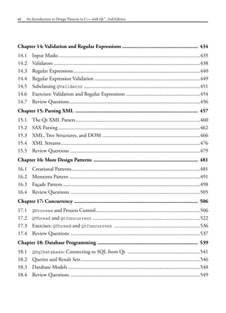 Chapter 14: Validation and Regular Expressions ....................................................... 434
14.1 Input Masks ...........................................................................................................435
14.2 Validators ...............................................................................................................438
14.3 Regular Expressions................................................................................................440
14.4 Regular Expression Validation ................................................................................449
14.5 Subclassing QValidator ........................................................................................451
14.6 Exercises: Validation and Regular Expressions ........................................................454
14.7 Review Questions...................................................................................................456
Chapter 15: Parsing XML ......................................................................................... 457
15.1 The Qt XML Parsers..............................................................................................460
15.2 SAX Parsing ...........................................................................................................462
15.3 XML, Tree Structures, and DOM ..........................................................................466
15.4 XML Streams .........................................................................................................476
15.5 Review Questions ..................................................................................................479
Chapter 16: More Design Patterns ............................................................................ 481
16.1 Creational Patterns.................................................................................................481
16.2 Memento Pattern ...................................................................................................491
16.3 Façade Pattern........................................................................................................498
16.4 Review Questions ..................................................................................................505
Chapter 17: Concurrency .......................................................................................... 506
17.1 QProcess and Process Control...............................................................................506
17.2 QThread and QtConcurrent .................................................................................522
17.3 Exercises: QThread and QtConcurrent .................................................................536
17.4 Review Questions ..................................................................................................537
Chapter 18: Database Programming ......................................................................... 539
18.1 QSqlDatabase: Connecting to SQL from Qt .......................................................541
18.2 Queries and Result Sets ..........................................................................................546
18.3 Database Models ....................................................................................................548
18.4 Review Questions ..................................................................................................549
xii An Introduction to Design Patterns in C++ with Qt™, 2nd Edition
 