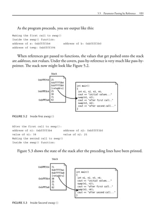 5.5 Parameter Passing by Reference 151
As the program proceeds, you see output like this:
Making the first call to swap()
Inside the swap() function:
address of a: 0xbffff3b4 address of b: 0xbffff3b0
address of temp: 0xbffff394
When references get passed to functions, the values that get pushed onto the stack
are addresses, not rvalues. Under the covers, pass-by-reference is very much like pass-by-
pointer. The stack now might look like Figure 5.2.
FIGURE 5.2 Inside first swap()
After the first call to swap():
address of n1: 0xbffff3b4 address of n2: 0xbffff3b0
value of n1: 38 value of n2: 25
Making the second call to swap()
Inside the swap() function:
Figure 5.3 shows the state of the stack after the preceding lines have been printed.
FIGURE 5.3 Inside Second swap()
 