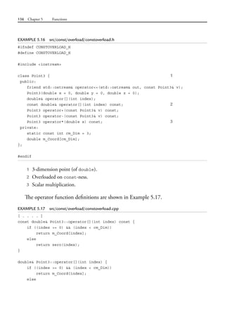 156 Chapter 5 Functions
EXAMPLE 5.16 src/const/overload/constoverload.h
#ifndef CONSTOVERLOAD_H
#define CONSTOVERLOAD_H
#include <iostream>
class Point3 { 1
public:
friend std::ostream& operator<<(std::ostream& out, const Point3& v);
Point3(double x = 0, double y = 0, double z = 0);
double& operator[](int index);
const double& operator[](int index) const; 2
Point3 operator+(const Point3& v) const;
Point3 operator-(const Point3& v) const;
Point3 operator*(double s) const; 3
private:
static const int cm_Dim = 3;
double m_Coord[cm_Dim];
};
#endif
1 3-dimension point (of double).
2 Overloaded on const-ness.
3 Scalar multiplication.
The operator function definitions are shown in Example 5.17.
EXAMPLE 5.17 src/const/overload/constoverload.cpp
[ . . . . ]
const double& Point3::operator[](int index) const {
if ((index >= 0) && (index < cm_Dim))
return m_Coord[index];
else
return zero(index);
}
double& Point3::operator[](int index) {
if ((index >= 0) && (index < cm_Dim))
return m_Coord[index];
else
 