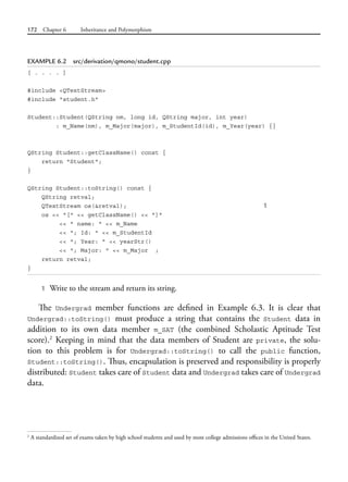 172 Chapter 6 Inheritance and Polymorphism
EXAMPLE 6.2 src/derivation/qmono/student.cpp
[ . . . . ]
#include <QTextStream>
#include "student.h"
Student::Student(QString nm, long id, QString major, int year)
: m_Name(nm), m_Major(major), m_StudentId(id), m_Year(year) {}
QString Student::getClassName() const {
return "Student";
}
QString Student::toString() const {
QString retval;
QTextStream os(&retval); 1
os << "[" << getClassName() << "]"
<< " name: " << m_Name
<< "; Id: " << m_StudentId
<< "; Year: " << yearStr()
<< "; Major: " << m_Major ;
return retval;
}
1 Write to the stream and return its string.
The Undergrad member functions are defined in Example 6.3. It is clear that
Undergrad::toString() must produce a string that contains the Student data in
addition to its own data member m_SAT (the combined Scholastic Aptitude Test
score).2
 Keeping in mind that the data members of Student are private, the solu-
tion  to this problem is for Undergrad::toString() to call the public function,
Student::toString(). Thus, encapsulation is preserved and responsibility is properly
distributed: Student takes care of Student data and Undergrad takes care of Undergrad
data.
2
A standardized set of exams taken by high school students and used by most college admissions offices in the United States.
 