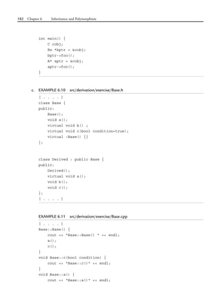 182 Chapter 6 Inheritance and Polymorphism
int main() {
C cobj;
Bx *bptr = &cobj;
bptr->foo();
A* aptr = &cobj;
aptr->foo();
}
c. EXAMPLE 6.10 src/derivation/exercise/Base.h
[ . . . . ]
class Base {
public:
Base();
void a();
virtual void b() ;
virtual void c(bool condition=true);
virtual ~Base() {}
};
class Derived : public Base {
public:
Derived();
virtual void a();
void b();
void c();
};
[ . . . . ]
EXAMPLE 6.11 src/derivation/exercise/Base.cpp
[ . . . . ]
Base::Base() {
cout << "Base::Base() " << endl;
a();
c();
}
void Base::c(bool condition) {
cout << "Base::c()" << endl;
}
void Base::a() {
cout << "Base::a()" << endl;
 