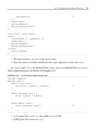 6.3 Derivation from an Abstract Base Class 187
: Rectangle(h,h) 2
{ }
double area();
QString getName();
QString getDimensions();
};
class Circle : public Shape {
public:
Circle(double r) : m_Radius(r) {}
double area();
QString getName();
QString getDimensions();
private:
double m_Radius;
};
1 We want to access m_Height in the Square class.
2 Base class name in member initialization list—pass arguments to base class ctor.
Rectangle and Circle are derived from Shape. Square is derived from Rectangle.
Their implementations are shown in Example 6.15.
EXAMPLE 6.15 src/derivation/shape1/shapes.cpp
#include "shapes.h"
#include <math.h>
double Circle::area() {
return(M_PI * m_Radius * m_Radius); 1
}
double Rectangle::area() {
return (m_Height * m_Width);
}
double Square::area() {
return (Rectangle::area()); 2
}
[ . . . . ]
1 M_PI comes from <math.h>, the cstdlib #include file.
2 Calling base class version on this.
 