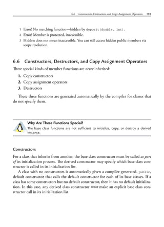 6.6 Constructors, Destructors, and Copy Assignment Operators 193
1 Error! No matching function—hidden by deposit(double, int).
2 Error! Member is protected, inaccessible.
3 Hidden does not mean inaccessible. You can still access hidden public members via
scope resolution.
6.6 Constructors, Destructors, and Copy Assignment Operators
Three special kinds of member functions are never inherited:
1. Copy constructors
2. Copy assignment operators
3. Destructors
These three functions are generated automatically by the compiler for classes that
do not specify them.
Why Are These Functions Special?
The base class functions are not sufficient to initialize, copy, or destroy a derived
instance.
Constructors
For a class that inherits from another, the base class constructor must be called as part
of its initialization process. The derived constructor may specify which base class con-
structor is called in its initialization list.
A class with no constructors is automatically given a compiler-generated, public,
default constructor that calls the default constructor for each of its base classes. If a
class has some constructors but no default constructor, then it has no default initializa-
tion. In this case, any derived class constructor must make an explicit base class con-
structor call in its initialization list.
 