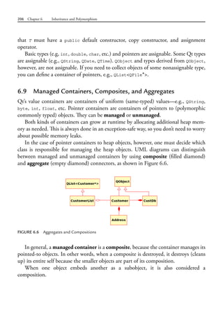 206 Chapter 6 Inheritance and Polymorphism
that T must have a public default constructor, copy constructor, and assignment
operator.
Basic types (e.g, int, double, char, etc.) and pointers are assignable. Some Qt types
are assignable (e.g., QString, QDate, QTime). QObject and types derived from QObject,
however, are not assignable. If you need to collect objects of some nonassignable type,
you can define a container of pointers, e.g., QList<QFile*>.
6.9 Managed Containers, Composites, and Aggregates
Qt’s value containers are containers of uniform (same-typed) values—e.g., QString,
byte, int, float, etc. Pointer containers are containers of pointers to (polymorphic
commonly typed) objects. They can be managed or unmanaged.
Both kinds of containers can grow at runtime by allocating additional heap mem-
ory as needed. This is always done in an exception-safe way, so you don’t need to worry
about possible memory leaks.
In the case of pointer containers to heap objects, however, one must decide which
class is responsible for managing the heap objects. UML diagrams can distinguish
between managed and unmanaged containers by using composite (filled diamond)
and aggregate (empty diamond) connectors, as shown in Figure 6.6.
FIGURE 6.6 Aggregates and Compositions
In general, a managed container is a composite, because the container manages its
pointed-to objects. In other words, when a composite is destroyed, it destroys (cleans
up) its entire self because the smaller objects are part of its composition.
When one object embeds another as a subobject, it is also considered a
composition.
 