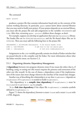 238 Chapter 7 Libraries and Design Patterns
The command
qmake -project
produces a project file that contains information based only on the contents of the
current working directory. In particular, qmake cannot know about external libraries
that you may need to build your project. If your project depends on an external library,
you must edit the project file and add assignments to the variables INCLUDEPATH and
LIBS. After that, rerunning qmake -project clobbers those changes, so don’t.
For example, suppose you develop an application that uses our dataobjects library.
The header files are in $CPPLIBS/dataobjects, and the lib shared object files are in
$CPPLIBS. Then you must add the following lines to the project file:
INCLUDEPATH += $$(CPPLIBS)/dataobjects # the source header files
LIBS += -L$$(CPPLIBS) # add this to the lib search path
LIBS += -ldataobjects # link with libdataobjects.so
Assignments to the LIBS variable generally contain two kinds of linker switches that
are passed directly to the compiler and the linker. For more information about what
the linker switches mean, see Section C.3.
7.1.1 Organizing Libraries: Dependency Management
A dependency between two program elements exists if one reuses the other; that is, if
building, using, or testing one (the reuser) requires the presence and correctness of the
other one (the reused). In the case of classes, a dependency exists if the implementa-
tion of the reuser class must change whenever the interface of the reused class changes.
Another way of describing this relationship is to say that ProgElement1 depends on
ProgElement2 if ProgElement2 is needed to build ProgElement1.
This dependency is a compile time dependency if ProgElement1.h must be
#included in ProgElement2.cpp to compile.
It is a link time dependency if the object file ProgElement2.o contains symbols
defined in ProgElement1.o.
Figure 7.1 shows the dependency between a reuser ClassA and a reuser ClassB with
a UML diagram.
FIGURE 7.1 Dependency
 