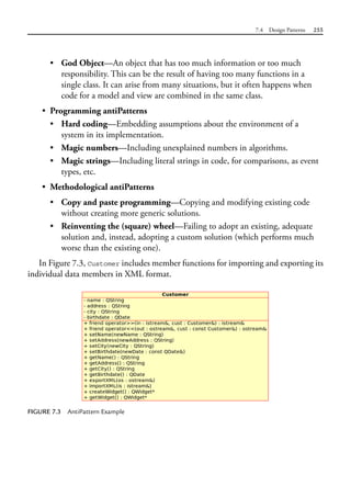 7.4 Design Patterns 255
• God Object—An object that has too much information or too much
responsibility. This can be the result of having too many functions in a
single class. It can arise from many situations, but it often happens when
code for a model and view are combined in the same class.
• Programming antiPatterns
• Hard coding—Embedding assumptions about the environment of a
system in its implementation.
• Magic numbers—Including unexplained numbers in algorithms.
• Magic strings—Including literal strings in code, for comparisons, as event
types, etc.
• Methodological antiPatterns
• Copy and paste programming—Copying and modifying existing code
without creating more generic solutions.
• Reinventing the (square) wheel—Failing to adopt an existing, adequate
solution and, instead, adopting a custom solution (which performs much
worse than the existing one).
In Figure 7.3, Customer includes member functions for importing and exporting its
individual data members in XML format.
FIGURE 7.3 AntiPattern Example
 