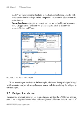 286 Chapter 9 Widgets and Designer
model/view framework that has built-in mechanisms for linking a model with
various views so that changes to one component are automatically transmitted
to the others.
• Controller classes—QApplication and QAction are both objects that manage
the GUI application’s control flow. QItemDelegate serves as a controller
between Models and Views.
FIGURE 9.4 Four Views of One Model
To see more widgets rendered in different styles, check out The Qt Widget Gallery,2
which contains a variety of screenshots and source code for rendering the widgets in
different styles.
9.2 Designer Introduction
Designer is a graphical program for composing and editing the GUI for an applica-
tion. It has a drag-and-drop interface and a complete set of features that can save lots of
2
http://doc.trolltech.com/4.6/gallery.html
 