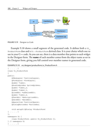 308 Chapter 9 Widgets and Designer
FIGURE 9.19 Designer to Code
Example 9.10 shows a small segment of the generated code. It defines both a Ui_
ProductForm class and a Ui::ProductForm derived class. It is your choice which one to
use in your C++ code. As you can see, there is a data member that points to each widget
in the Designer form. The name of each member comes from the object name as set in
the Designer form, giving you full control over member names in generated code.
EXAMPLE 9.10 src/designer/productform/ui_ProductForm.h
[ . . . . ]
class Ui_ProductForm
{
public:
QVBoxLayout *verticalLayout;
QFormLayout *formLayout;
QLabel *label;
QDoubleSpinBox *priceSpinbox;
QLabel *label_2;
QLabel *label_3;
QLineEdit *nameLineEdit;
QLabel *label_4;
QTextEdit *descriptionEdit;
QDateEdit *dateEdit;
QSpacerItem *verticalSpacer;
QDialogButtonBox *buttonBox;
void setupUi(QDialog *ProductForm)
[ . . . . ]
};
namespace Ui {
class ProductForm: public Ui_ProductForm {};
} // namespace Ui
[ . . . . ]
 