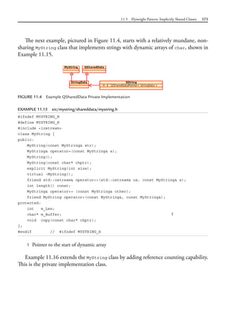 11.5 Flyweight Pattern: Implicitly Shared Classes 373
The next example, pictured in Figure 11.4, starts with a relatively mundane, non-
sharing MyString class that implements strings with dynamic arrays of char, shown in
Example 11.15.
FIGURE 11.4 Example QSharedData Private Implementation
EXAMPLE 11.15 src/mystring/shareddata/mystring.h
#ifndef MYSTRING_H
#define MYSTRING_H
#include <iostream>
class MyString {
public:
MyString(const MyString& str);
MyString& operator=(const MyString& a);
MyString();
MyString(const char* chptr);
explicit MyString(int size);
virtual ~MyString();
friend std::ostream& operator<<(std::ostream& os, const MyString& s);
int length() const;
MyString& operator+= (const MyString& other);
friend MyString operator+(const MyString&, const MyString&);
protected:
int m_Len;
char* m_Buffer; 1
void copy(const char* chptr);
};
#endif // #ifndef MYSTRING_H
1 Pointer to the start of dynamic array
Example 11.16 extends the MyString class by adding reference counting capability.
This is the private implementation class.
 