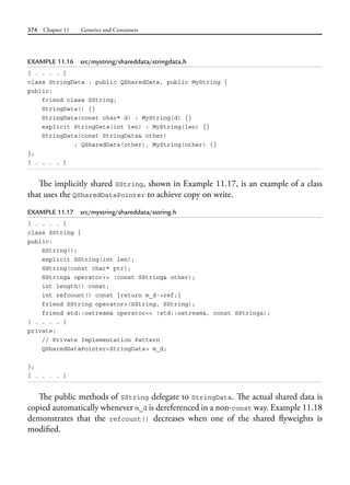 374 Chapter 11 Generics and Containers
EXAMPLE 11.16 src/mystring/shareddata/stringdata.h
[ . . . . ]
class StringData : public QSharedData, public MyString {
public:
friend class SString;
StringData() {}
StringData(const char* d) : MyString(d) {}
explicit StringData(int len) : MyString(len) {}
StringData(const StringData& other)
: QSharedData(other), MyString(other) {}
};
[ . . . . ]
The implicitly shared SString, shown in Example 11.17, is an example of a class
that uses the QSharedDataPointer to achieve copy on write.
EXAMPLE 11.17 src/mystring/shareddata/sstring.h
[ . . . . ]
class SString {
public:
SString();
explicit SString(int len);
SString(const char* ptr);
SString& operator+= (const SString& other);
int length() const;
int refcount() const {return m_d->ref;}
friend SString operator+(SString, SString);
friend std::ostream& operator<< (std::ostream&, const SString&);
[ . . . . ]
private:
// Private Implementation Pattern
QSharedDataPointer<StringData> m_d;
};
[ . . . . ]
The public methods of SString delegate to StringData. The actual shared data is
copied automatically whenever m_d is dereferenced in a non-const way. Example 11.18
demonstrates that the refcount() decreases when one of the shared flyweights is
modified.
 