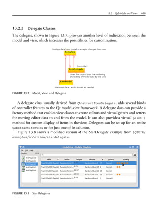 13.2 Qt Models and Views 409
13.2.3 Delegate Classes
The delegate, shown in Figure 13.7, provides another level of indirection between the
model and view, which increases the possibilities for customization.
FIGURE 13.7 Model, View, and Delegate
A delegate class, usually derived from QAbstractItemDelegate, adds several kinds
of controller features to the Qt model-view framework. A delegate class can provide a
factory method that enables view classes to create editors and virtual getters and setters
for moving editor data to and from the model. It can also provide a virtual paint()
method for custom display of items in the view. Delegates can be set up for an entire
QAbstractItemView or for just one of its columns.
Figure 13.8 shows a modified version of the StarDelegate example from $QTDIR/
examples/modelview/stardelegate.
FIGURE 13.8 Star Delegates
 
