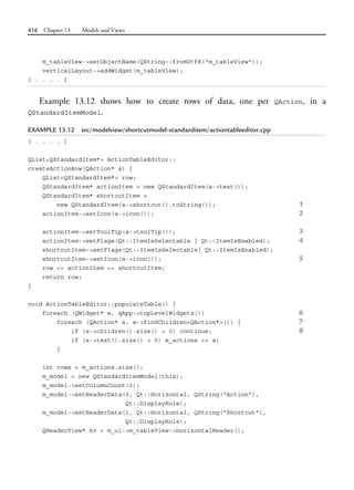 416 Chapter 13 Models and Views
m_tableView->setObjectName(QString::fromUtf8("m_tableView"));
verticalLayout->addWidget(m_tableView);
[ . . . . ]
Example 13.12 shows how to create rows of data, one per QAction, in a
QStandardItemModel.
EXAMPLE 13.12 src/modelview/shortcutmodel-standarditem/actiontableeditor.cpp
[ . . . . ]
QList<QStandardItem*> ActionTableEditor::
createActionRow(QAction* a) {
QList<QStandardItem*> row;
QStandardItem* actionItem = new QStandardItem(a->text());
QStandardItem* shortcutItem =
new QStandardItem(a->shortcut().toString()); 1
actionItem->setIcon(a->icon()); 2
actionItem->setToolTip(a->toolTip()); 3
actionItem->setFlags(Qt::ItemIsSelectable | Qt::ItemIsEnabled); 4
shortcutItem->setFlags(Qt::ItemIsSelectable| Qt::ItemIsEnabled);
shortcutItem->setIcon(a->icon()); 5
row << actionItem << shortcutItem;
return row;
}
void ActionTableEditor::populateTable() {
foreach (QWidget* w, qApp->topLevelWidgets()) 6
foreach (QAction* a, w->findChildren<QAction*>()) { 7
if (a->children().size() > 0) continue; 8
if (a->text().size() > 0) m_actions << a;
}
int rows = m_actions.size();
m_model = new QStandardItemModel(this);
m_model->setColumnCount(2);
m_model->setHeaderData(0, Qt::Horizontal, QString("Action"),
Qt::DisplayRole);
m_model->setHeaderData(1, Qt::Horizontal, QString("Shortcut"),
Qt::DisplayRole);
QHeaderView* hv = m_ui->m_tableView->horizontalHeader();
 