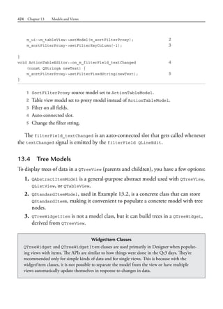 424 Chapter 13 Models and Views
m_ui->m_tableView->setModel(m_sortFilterProxy); 2
m_sortFilterProxy->setFilterKeyColumn(-1); 3
}
void ActionTableEditor::on_m_filterField_textChanged 4
(const QString& newText) {
m_sortFilterProxy->setFilterFixedString(newText); 5
}
1 SortFilterProxy source model set to ActionTableModel.
2 Table view model set to proxy model instead of ActionTableModel.
3 Filter on all fields.
4 Auto-connected slot.
5 Change the filter string.
The filterField_textChanged is an auto-connected slot that gets called whenever
the textChanged signal is emitted by the filterField QLineEdit.
13.4 Tree Models
To display trees of data in a QTreeView (parents and children), you have a few options:
1. QAbstractItemModel is a general-purpose abstract model used with QTreeView,
QListView, or QTableView.
2. QStandardItemModel, used in Example 13.2, is a concrete class that can store
QStandardItems, making it convenient to populate a concrete model with tree
nodes.
3. QTreeWidgetItem is not a model class, but it can build trees in a QTreeWidget,
derived from QTreeView.
WidgetItem Classes
QTreeWidget and QTreeWidgetItem classes are used primarily in Designer when populat-
ing views with items. The APIs are similar to how things were done in the Qt3 days. They’re
recommended only for simple kinds of data and for single views. This is because with the
widget/item classes, it is not possible to separate the model from the view or have multiple
views automatically update themselves in response to changes in data.
 