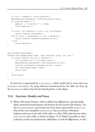 13.6 Exercises: Models and Views 431
if (row >= rowCount()) return QVariant();
QSharedPointer<DataObject> lineItem(m_Data.at(row));
if (lineItem.isNull()) {
qDebug() << "lineitem=0:" << index;
return QVariant();
}
if (role == Qt::UserRole || role == Qt::ToolTipRole)
return lineItem->objectName();
else if (role == DisplayRole || role == EditRole) {
return lineItem->property(m_Headers.at(col));
} else
return QVariant();
}
bool DataObjectTableModel::
setData(const QModelIndex& index, const QVariant& value, int role) {
if (index.isValid() && role == EditRole) {
int row(index.row()), col(index.column());
QSharedPointer<DataObject> lineItem(m_Data.at(row));
lineItem->setProperty(m_Headers.at(col), value);
emit dataChanged(index, index);
return true;
}
return false;
}
If each row is represented by a DataObject, which could exist in more than one
DataObjectTableModel, by using reference-counted pointers, the table can clean up
the DataObjects when it has the last shared pointer to the object.
13.6 Exercises: Models and Views
1. Write a file system browser, with an address bar, Up button, and optionally
other commonly found buttons and features of your favorite file browser. Use
the QFileSystemModel and at least two view classes separated by a QSplitter.
One of the views should be a QTableView. You can choose a Windows
Explorer-style tree on the side of the table, or a Mac OSX-style browser with a
QColumnView and a table, as shown in Figure 13.14. Make it possible to select
a directory in the tree/columnview, addressbar, or with the Up button, so that
 