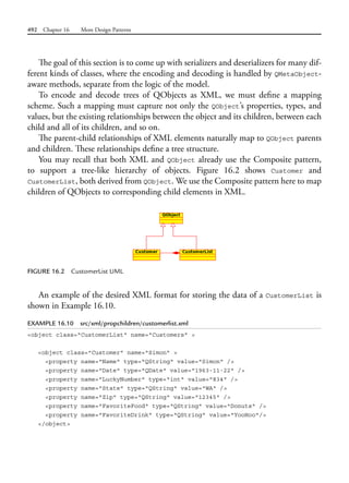 492 Chapter 16 More Design Patterns
The goal of this section is to come up with serializers and deserializers for many dif-
ferent kinds of classes, where the encoding and decoding is handled by QMetaObject-
aware methods, separate from the logic of the model.
To encode and decode trees of QObjects as XML, we must define a mapping
scheme. Such a mapping must capture not only the QObject’s properties, types, and
values, but the existing relationships between the object and its children, between each
child and all of its children, and so on.
The parent-child relationships of XML elements naturally map to QObject parents
and children. These relationships define a tree structure.
You may recall that both XML and QObject already use the Composite pattern,
to support a tree-like hierarchy of objects. Figure 16.2 shows Customer and
CustomerList, both derived from QObject. We use the Composite pattern here to map
children of QObjects to corresponding child elements in XML.
FIGURE 16.2 CustomerList UML
An example of the desired XML format for storing the data of a CustomerList is
shown in Example 16.10.
EXAMPLE 16.10 src/xml/propchildren/customerlist.xml
<object class="CustomerList" name="Customers" >
<object class="Customer" name="Simon" >
<property name="Name" type="QString" value="Simon" />
<property name="Date" type="QDate" value="1963-11-22" />
<property name="LuckyNumber" type="int" value="834" />
<property name="State" type="QString" value="WA" />
<property name="Zip" type="QString" value="12345" />
<property name="FavoriteFood" type="QString" value="Donuts" />
<property name="FavoriteDrink" type="QString" value="YooHoo"/>
</object>
 
