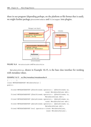 500 Chapter 16 More Design Patterns
these in our program (depending perhaps, on the platform or file format that is used),
we might further package phononmetadata and filetagger into plugins.
FIGURE 16.4 MetaDataLoader and MetaDataValue
MetaDataValue, shown in Example 16.15, is the base class interface for working
with metadata values.
EXAMPLE 16.15 src/libs/metadata/metadatavalue.h
[ . . . . ]
class METADATAEXPORT MetaDataValue {
public:
friend METADATAEXPORT QTextStream& operator<< (QTextStream& os,
const MetaDataValue& mdv);
friend METADATAEXPORT QTextStream& operator>> (QTextStream& is,
MetaDataValue& mdv);
friend METADATAEXPORT QDataStream& operator<< (QDataStream& os,
const MetaDataValue& mdv);
friend METADATAEXPORT QDataStream& operator>> (QDataStream& is,
MetaDataValue& mdv);
friend METADATAEXPORT bool operator==(const MetaDataValue&,
const MetaDataValue&);
 