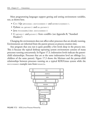 512 Chapter 17 Concurrency
Most programming languages support getting and setting environment variables,
too, as shown here.
• C++ / Qt: QProcess::environment() and setEnvironment().
• Python: os.getenv() and os.putenv()
• Java: ProcessBuilder.environment()
• C: getenv() and putenv() from <cstdlib> (see Appendix B, “Standard
Headers”)
Changing the environment does not affect other processes that are already running.
Environments are inherited from the parent process at process creation time.
Any program that you run is quite possibly a few levels deep in the process tree.
This is because the typical desktop operating system environment consists of many
processes running concurrently. In Figure 17.3, indentation levels indicate the parent-
child relationships. Processes that are at the same indentation level are siblings (i.e.,
children of the same parent). Figure 17.3 shows the lifetimes and the parent-child
relationships between processes running on a typical KDE/Linux system while the
environment example runs from konsole.
FIGURE 17.3 KDE/Linux Process Hierarchy
 