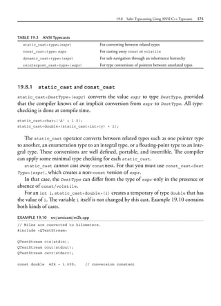 19.8 Safer Typecasting Using ANSI C++ Typecasts 575
TABLE 19.3 ANSI Typecasts
static_cast<type>(expr) For converting between related types
const_cast<type> expr For casting away const or volatile
dynamic_cast<type>(expr) For safe navigation through an inheritance hierarchy
reinterpret_cast<type>(expr) For type conversions of pointers between unrelated types
19.8.1 static_cast and const_cast
static_cast<DestType>(expr) converts the value expr to type DestType, provided
that the compiler knows of an implicit conversion from expr to DestType. All type-
checking is done at compile time.
static_cast<char>('A' + 1.0);
static_cast<double>(static_cast<int>(y) + 1);
The static_cast operator converts between related types such as one pointer type
to another, an enumeration type to an integral type, or a floating-point type to an inte-
gral type. These conversions are well defined, portable, and invertible. The compiler
can apply some minimal type checking for each static_cast.
static_cast cannot cast away constness. For that you must use const_cast<Dest
Type>(expr), which creates a non-const version of expr.
In that case, the DestType can differ from the type of expr only in the presence or
absence of const/volatile.
For an int i, static_cast<double>(i) creates a temporary of type double that has
the value of i. The variable i itself is not changed by this cast. Example 19.10 contains
both kinds of casts.
EXAMPLE 19.10 src/ansicast/m2k.cpp
// Miles are converted to kilometers.
#include <QTextStream>
QTextStream cin(stdin);
QTextStream cout(stdout);
QTextStream cerr(stderr);
const double m2k = 1.609; // conversion constant
 