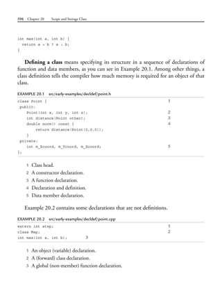 596 Chapter 20 Scope and Storage Class
int max(int a, int b) {
return a > b ? a : b;
}
Defining a class means specifying its structure in a sequence of declarations of
function and data members, as you can see in Example 20.1. Among other things, a
class definition tells the compiler how much memory is required for an object of that
class.
EXAMPLE 20.1 src/early-examples/decldef/point.h
class Point { 1
public:
Point(int x, int y, int z); 2
int distance(Point other); 3
double norm() const { 4
return distance(Point(0,0,0));
}
private:
int m_Xcoord, m_Ycoord, m_Zcoord; 5
};
1 Class head.
2 A constructor declaration.
3 A function declaration.
4 Declaration and definition.
5 Data member declaration.
Example 20.2 contains some declarations that are not definitions.
EXAMPLE 20.2 src/early-examples/decldef/point.cpp
extern int step; 1
class Map; 2
int max(int a, int b); 3
1 An object (variable) declaration.
2 A (forward) class declaration.
3 A global (non-member) function declaration.
 