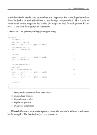 21.1 Pointer Pathology 619
multiple variables are declared on one line, the * type modifier symbol applies only to
the variable that immediately follows it, not the type that precedes it. That is why we
recommend having a separate declaration (on a separate line) for each pointer. Exam-
ple 21.2 contains three groups of statements.
EXAMPLE 21.2 src/pointers/pathology/pathologydecls2.cpp
[ . . . . ]
int main() {
int myint = 5;
int* ptr1 = &myint;
cout << "*ptr1 = " << *ptr1 << endl;
int anotherint = 6;
// *ptr1 = &anotherint; 1
int* ptr2; 2
cout << "*ptr2 = " << *ptr2 << endl;
*ptr2 = anotherint; 3
int yetanotherint = 7;
int* ptr3;
ptr3 = &yetanotherint; 4
cout << "*ptr3 = " << *ptr3 << endl;
*ptr1 = *ptr2; 5
cout << "*ptr1 = " << *ptr1 << endl;
return 0;
}
[ . . . . ]
1 Error, invalid conversion from int* to int.
2 Uninitialized pointer.
3 Unpredictable results.
4 Regular assignment.
5 Dangerous assignment!
This code illustrates some serious pointer issues, the worst of which are not detected
by the compiler. The first is simply a type mismatch.
 