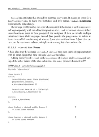 648 Chapter 22 Inheritance in Detail
Person has attributes that should be inherited only once. It makes no sense for a
GradTeachingFellow to have two birthdates and two names. virtual inheritance
eliminates the redundancy.
The strange problems that can arise when multiple inheritance is used in controver-
sial ways, especially with the added complexities of virtual versus non-virtual inher-
itance/functions, seem to have prompted the designers of Java to exclude multiple
inheritance from their language. Instead, Java permits the programmer to define an
interface, which consists only of abstract (pure virtual) functions. A Java class can
then use the implements clause to implement as many interfaces as it needs.
22.3.3.2 virtual Base Classes
A base class may be declared virtual. A virtual base class shares its representation
with all other classes that have the same virtual base class.
Adding the keyword virtual in the classHeads of Student and Teacher, and leav-
ing all the other details of the class definitions the same, produces Example 22.9.
EXAMPLE 22.9 src/multinheritance/people.h
#include "qdatetime.h"
class Person {
public:
Person(QString name, QDate birthdate)
QObject(name.ascii()),
m_Birthdate(birthdate) {}
Person(const Person& p) : QObject(p),
m_Birthdate(p.m_Birthdate) {}
private:
QDate m_Birthdate;
};
class Student : virtual public Person { 1
// other class members
};
class Teacher : virtual public Person { 2
// other class members
}
 