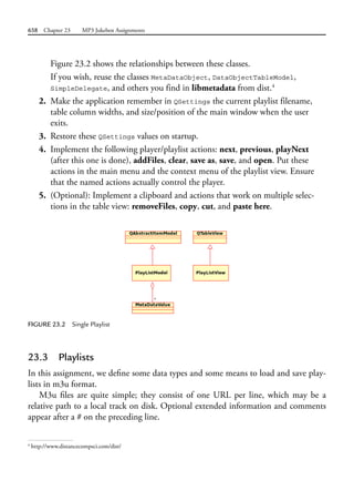 658 Chapter 23 MP3 Jukebox Assignments
Figure 23.2 shows the relationships between these classes.
If you wish, reuse the classes MetaDataObject, DataObjectTableModel,
SimpleDelegate, and others you find in libmetadata from dist.4
2. Make the application remember in QSettings the current playlist filename,
table column widths, and size/position of the main window when the user
exits.
3. Restore these QSettings values on startup.
4. Implement the following player/playlist actions: next, previous, playNext
(after this one is done), addFiles, clear, save as, save, and open. Put these
actions in the main menu and the context menu of the playlist view. Ensure
that the named actions actually control the player.
5. (Optional): Implement a clipboard and actions that work on multiple selec-
tions in the table view: removeFiles, copy, cut, and paste here.
FIGURE 23.2 Single Playlist
23.3 Playlists
In this assignment, we define some data types and some means to load and save play-
lists in m3u format.
M3u files are quite simple; they consist of one URL per line, which may be a
relative path to a local track on disk. Optional extended information and comments
appear after a # on the preceding line.
4
http://www.distancecompsci.com/dist/
 
