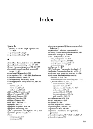Index
709
Symbols
... (ellipsis), in variable-length argument lists,
162-163
<< operator, overloading, 9
>> operator, overloading, 9-10
A
abstract base classes, derivation from, 184-188
abstract factories, importing with, 495-498
Abstract Factory design pattern, 482, 483-487
abstract table models, standard table models
versus, 414-424
accept() slot (QDialog class), 309
access specifiers, 71-74, 169, 644. See also scope
accessibility, visibility versus, 72
accessing memory. See memory access
accessing properties via QVariant class, 386-389
actions
exercises, 334-336
menus and, 327-336
toolbars and, 329-333
addDockWidget() function, 337
address-of operator (&), 54-57
addSpacing() function, 302
addStretch() function, 302
addStrut() function, 302
addWidget() function, 299
aggregates, 206-210
aggregation by pointer, 309-311
aggregation relationship, 130
AJAX (Asynchronous JavaScript And XML), 248
algorithms, generics and, 362-364
aliases
for namespaces, 613
for operators, 553
alternative versions on Debian systems, symbolic
links to, 697
ampersand (&), reference variables and, 61
anchoring characters in regular expressions, 442
anonymous namespaces, 613-614
ANSI C++ typecasts, 574-580
const_cast operator, 575-578
dynamic_cast operator, 587-589
reinterpret_cast operator, 578-579
static_cast operator, 575-577
antiPatterns, 254-257
API (Application Programming Interface), 247
Application Programming Interface (API), 247
application state, saving and restoring, 339-341
applications. See also QApplication class
definition of term, 236
interactive applications, event loop and, 272-273
QMainWindow class, 326-327
actions and menus, 327-336
application state, 339-341
clipboard and data transfer, 341-343
dock windows, 337-338
exercises, 334-336, 352-353
internationalization, 351-352
undo capability, 343-351
apt-cache program, 694, 696
apt-get program, 694-696
apt system, 694-697
aptitude program, 694, 696-697
argsToStringList() function, 201
ArgumentList class, 200-204
arguments. See command-line arguments;
parameters
arithmetic operations, 46-50, 626-627, 629-630
arithmetic operators, 553
 