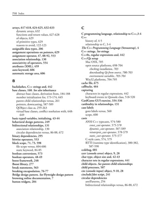 710 Index
arrays, 617-618, 624-625, 632-633
dynamic arrays, 632
functions and return values, 627-628
of objects, 629
of primitive types, 629
reasons to avoid, 122-123
assignable data types, 206
assignment operations on pointers, 629
assignment operator, 47, 88-92, 553
association relationship, 130
associativity of operators, 554
attributes (XML), 459
auto keyword, 606
automatic storage area, 606
B
backslashes, C++ strings and, 442
base classes, 168. See also inheritance
abstract base classes, derivation from, 184-188
member initialization for, 173-174, 645
parent-child relationships versus, 261
pointers, downcasting, 587-589
QObject class as, 259-263
virtual base classes, conflict resolution with, 648-
649
basic-typed variables, initializing, 43-44
behavioral design patterns, 249
bidirectional relationships, 131
association relationship, 130
circular dependencies versus, 86-88, 672
binary dependencies, 295
bitwise operators, 553
block scope, 71, 73, 598
file scope versus, 604-606
static keyword, 84-85
boolean conversions, 573
boolean operators, 48-49
boost framework, 248
Boost library, 277
break statements, 563
breaking encapsulation, 76-77
Bridge design pattern. See Flyweight design pattern
browsing online documentation, 7
button widgets, 284
C
C programming language, relationship to C++,3-4
C++
history of, 4-5
relationship to C, 3-4
The C++ Programming Language (Stroustrup), 4
C++ strings. See strings
C++0x, regular expressions and, 442
C++/Qt setup
Mac OSX, 705
open source platforms, 698-704
checking installation, 703
downloading Qt from source, 700-703
environment variables, 703-704
Win32 platforms, 704-705
cache file, 675
callbacks, 464
capturing
characters in regular expressions, 442
keyboard events in Qonsole class, 518-520
CardGame GUI exercise, 334-336
cardinality in relationships, 131
case labels
goto labels versus, 560
scope, 600
casts
ANSI C++ typecasts, 574-580
const_cast operator, 575-578
dynamic_cast operator, 587-589
reinterpret_cast operator, 578-579
static_cast operator, 575-577
C-style casts, 574, 579
RTTI (runtime type identification), 380-382,
587-590
ccdebug, 681
cerr (console error) object, 9, 28
char type, object size and, 42-43
character sets in regular expressions, 441
child objects. See parent-child relationships
child processes, 507
cin (console input) object, 9-10, 28
cinclude2dot script, 241
circular dependencies
antiPatterns, 254
bidirectional relationships versus, 86-88, 672
 