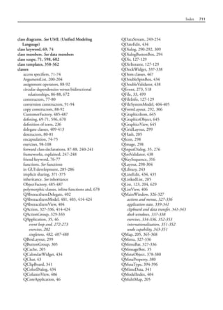 Index 711
class diagrams. See UML (Unified Modeling
Language)
class keyword, 69, 74
class members. See data members
class scope, 71, 598, 602
class templates, 358-362
classes
access specifiers, 71-74
ArgumentList, 200-204
assignment operators, 88-92
circular dependencies versus bidirectional
relationships, 86-88, 672
constructors, 77-80
conversion constructors, 91-94
copy constructors, 88-92
CustomerFactory, 485-487
defining, 69-71, 596, 670
definition of term, 236
delegate classes, 409-413
destructors, 80-81
encapsulation, 74-75
exercises, 98-108
forward class declarations, 87-88, 240-241
frameworks, explained, 247-248
friend keyword, 76-77
functions. See functions
in GUI development, 285-286
implicit sharing, 371-375
inheritance. See inheritance
ObjectFactory, 485-487
polymorphic classes, inline functions and, 678
QAbstractItemDelegate, 402
QAbstractItemModel, 401, 403, 414-424
QAbstractItemView, 404
QAction, 327-336, 414-424
QActionGroup, 329-333
QApplication, 35, 46
event loop and, 272-273
exercises, 282
singletons, 482, 487-488
QBoxLayout, 299
QButtonGroup, 305
QCache, 205
QCalendarWidget, 434
QChar, 43
QClipBoard, 341
QColorDialog, 434
QColumnView, 406
QCoreApplication, 46
QDataStream, 249-254
QDateEdit, 434
QDialog, 290-292, 309
QDialogButtonBox, 294
QDir, 127-129
QDirIterator, 127-129
QDockWidget, 337-338
QDom classes, 467
QDoubleSpinBox, 434
QDoubleValidator, 438
QEvent, 273, 518
QFile, 33, 499
QFileInfo, 127-129
QFileSystemModel, 404-405
QFormLayout, 292, 306
QGraphicsItem, 645
QGraphicsObject, 645
QGraphicsView, 645
QGridLayout, 299
QHash, 205
QIcon, 298
QImage, 298
QInputDialog, 35, 276
QIntValidator, 438
QKeySequence, 316
QLayout, 298-304
QLibrary, 243
QLineEdit, 434, 435
QLinkedList, 205
QList, 123, 204, 629
QListView, 406
QMainWindow, 326-327
actions and menus, 327-336
application state, 339-341
clipboard and data transfer, 341-343
dock windows, 337-338
exercises, 334-336, 352-353
internationalization, 351-352
undo capability, 343-351
QMap, 205, 365-368
QMenu, 327-336
QMenuBar, 327-336
QMessageBox, 35
QMetaObject, 378-380
QMetaProperty, 380
QMetaType, 394-396
QMimeData, 341
QModelIndex, 404
QMultiMap, 205
 