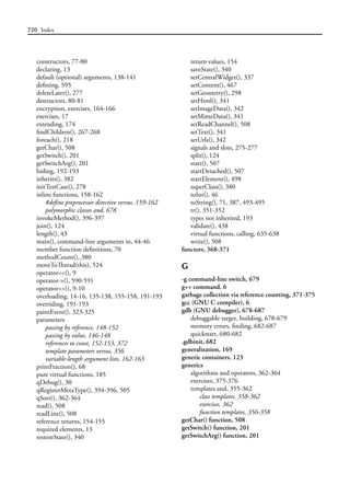 720 Index
constructors, 77-80
declaring, 13
default (optional) arguments, 138-141
defining, 595
deleteLater(), 277
destructors, 80-81
encryption, exercises, 164-166
exercises, 17
extending, 174
findChildren(), 267-268
foreach(), 218
getChar(), 508
getSwitch(), 201
getSwitchArg(), 201
hiding, 192-193
inherits(), 382
initTestCase(), 278
inline functions, 158-162
#define preprocessor directive versus, 159-162
polymorphic classes and, 678
invokeMethod(), 396-397
join(), 124
length(), 43
main(), command-line arguments in, 44-46
member function definitions, 70
methodCount(), 380
moveToThread(this), 524
operator<<(), 9
operator->(), 590-591
operator>>(), 9-10
overloading, 14-16, 135-138, 155-158, 191-193
overriding, 191-193
paintEvent(), 323-325
parameters
passing by reference, 148-152
passing by value, 146-148
references to const, 152-153, 372
template parameters versus, 356
variable-length argument lists, 162-163
printFraction(), 68
pure virtual functions, 185
qDebug(), 30
qRegisterMetaType(), 394-396, 505
qSort(), 362-364
read(), 508
readLine(), 508
reference returns, 154-155
required elements, 13
restoreState(), 340
return values, 154
saveState(), 340
setCentralWidget(), 337
setContent(), 467
setGeometry(), 298
setHtml(), 341
setImageData(), 342
setMimeData(), 341
setReadChannel(), 508
setText(), 341
setUrls(), 342
signals and slots, 275-277
split(), 124
start(), 507
startDetached(), 507
startElement(), 498
superClass(), 380
toInt(), 46
toString(), 71, 387, 493-495
tr(), 351-352
types not inherited, 193
validate(), 438
virtual functions, calling, 635-638
write(), 508
functors, 368-371
G
-g command-line switch, 679
g++ command, 6
garbage collection via reference counting, 371-375
gcc (GNU C compiler), 6
gdb (GNU debugger), 678-687
debuggable target, building, 678-679
memory errors, finding, 682-687
quickstart, 680-682
.gdbinit, 682
generalization, 169
generic containers, 123
generics
algorithms and operators, 362-364
exercises, 375-376
templates and, 355-362
class templates, 358-362
exercises, 362
function templates, 356-358
getChar() function, 508
getSwitch() function, 201
getSwitchArg() function, 201
 