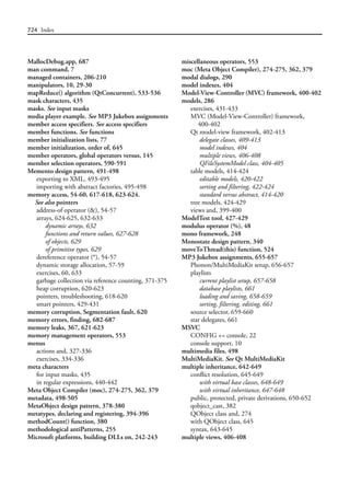 724 Index
MallocDebug.app, 687
man command, 7
managed containers, 206-210
manipulators, 10, 29-30
mapReduce() algorithm (QtConcurrent), 533-536
mask characters, 435
masks. See input masks
media player example. See MP3 Jukebox assignments
member access specifiers. See access specifiers
member functions. See functions
member initialization lists, 77
member initialization, order of, 645
member operators, global operators versus, 145
member selection operators, 590-591
Memento design pattern, 491-498
exporting to XML, 493-495
importing with abstract factories, 495-498
memory access, 54-60, 617-618, 623-624.
See also pointers
address-of operator (&), 54-57
arrays, 624-625, 632-633
dynamic arrays, 632
functions and return values, 627-628
of objects, 629
of primitive types, 629
dereference operator (*), 54-57
dynamic storage allocation, 57-59
exercises, 60, 633
garbage collection via reference counting, 371-375
heap corruption, 620-623
pointers, troubleshooting, 618-620
smart pointers, 429-431
memory corruption, Segmentation fault, 620
memory errors, finding, 682-687
memory leaks, 367, 621-623
memory management operators, 553
menus
actions and, 327-336
exercises, 334-336
meta characters
for input masks, 435
in regular expressions, 440-442
Meta Object Compiler (moc), 274-275, 362, 379
metadata, 498-505
MetaObject design pattern, 378-380
metatypes, declaring and registering, 394-396
methodCount() function, 380
methodological antiPatterns, 255
Microsoft platforms, building DLLs on, 242-243
miscellaneous operators, 553
moc (Meta Object Compiler), 274-275, 362, 379
modal dialogs, 290
model indexes, 404
Model-View-Controller (MVC) framework, 400-402
models, 286
exercises, 431-433
MVC (Model-View-Controller) framework,
400-402
Qt model-view framework, 402-413
delegate classes, 409-413
model indexes, 404
multiple views, 406-408
QFileSystemModel class, 404-405
table models, 414-424
editable models, 420-422
sorting and filtering, 422-424
standard versus abstract, 414-420
tree models, 424-429
views and, 399-400
ModelTest tool, 427-429
modulus operator (%), 48
mono framework, 248
Monostate design pattern, 340
moveToThread(this) function, 524
MP3 Jukebox assignments, 655-657
Phonon/MultiMediaKit setup, 656-657
playlists
current playlist setup, 657-658
database playlists, 661
loading and saving, 658-659
sorting, filtering, editing, 661
source selector, 659-660
star delegates, 661
MSVC
CONFIG += console, 22
console support, 10
multimedia files, 498
MultiMediaKit. See Qt MultiMediaKit
multiple inheritance, 642-649
conflict resolution, 645-649
with virtual base classes, 648-649
with virtual inheritance, 647-648
public, protected, private derivations, 650-652
qobject_cast, 382
QObject class and, 274
with QObject class, 645
syntax, 643-645
multiple views, 406-408
 