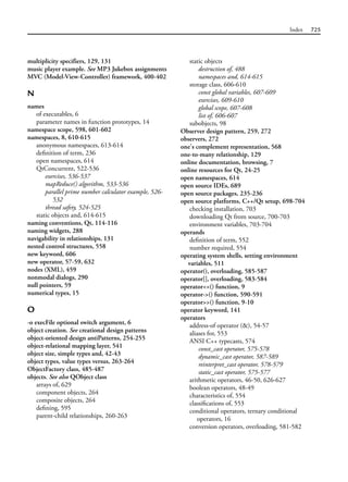 Index 725
multiplicity specifiers, 129, 131
music player example. See MP3 Jukebox assignments
MVC (Model-View-Controller) framework, 400-402
N
names
of executables, 6
parameter names in function prototypes, 14
namespace scope, 598, 601-602
namespaces, 8, 610-615
anonymous namespaces, 613-614
definition of term, 236
open namespaces, 614
QtConcurrent, 522-536
exercises, 536-537
mapReduce() algorithm, 533-536
parallel prime number calculator example, 526-
532
thread safety, 524-525
static objects and, 614-615
naming conventions, Qt, 114-116
naming widgets, 288
navigability in relationships, 131
nested control structures, 558
new keyword, 606
new operator, 57-59, 632
nodes (XML), 459
nonmodal dialogs, 290
null pointers, 59
numerical types, 15
O
-o execFile optional switch argument, 6
object creation. See creational design patterns
object-oriented design antiPatterns, 254-255
object-relational mapping layer, 541
object size, simple types and, 42-43
object types, value types versus, 263-264
ObjectFactory class, 485-487
objects. See also QObject class
arrays of, 629
component objects, 264
composite objects, 264
defining, 595
parent-child relationships, 260-263
static objects
destruction of, 488
namespaces and, 614-615
storage class, 606-610
const global variables, 607-609
exercises, 609-610
global scope, 607-608
list of, 606-607
subobjects, 98
Observer design pattern, 259, 272
observers, 272
one's complement representation, 568
one-to-many relationship, 129
online documentation, browsing, 7
online resources for Qt, 24-25
open namespaces, 614
open source IDEs, 689
open source packages, 235-236
open source platforms, C++/Qt setup, 698-704
checking installation, 703
downloading Qt from source, 700-703
environment variables, 703-704
operands
definition of term, 552
number required, 554
operating system shells, setting environment
variables, 511
operator(), overloading, 585-587
operator[], overloading, 583-584
operator<<() function, 9
operator->() function, 590-591
operator>>() function, 9-10
operator keyword, 141
operators
address-of operator (&), 54-57
aliases for, 553
ANSI C++ typecasts, 574
const_cast operator, 575-578
dynamic_cast operator, 587-589
reinterpret_cast operator, 578-579
static_cast operator, 575-577
arithmetic operators, 46-50, 626-627
boolean operators, 48-49
characteristics of, 554
classifications of, 553
conditional operators, ternary conditional
operators, 16
conversion operators, overloading, 581-582
 