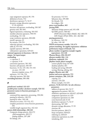 726 Index
copy assignment operator, 89, 194
definition of term, 552
dereference operator (*), 54-57
dynamic storage allocation operators,
57-59, 620-623
function call operator, overloading, 585-587
generics and, 362-364
logical expressions, evaluating, 564-565
member selection operators, 590-591
overloading, 141-146
scope resolution operators, 604-606
sizeof() operator, 42
for streams, 250-254
subscript operator, overloading, 583-584
table of, 555-556
typeid() operator, 589-590
valid pointer operations, 629-631
optional arguments in functions, 138-141
output. See input/output
overloading
<< operator, 9
>> operator, 9-10
conversion operators, 581-582
function call operator, 585-587
functions, 14-16, 135-138, 191-193
on const, 155-158
function templates versus, 357
operators, 141-146, 554
subscript operator, 583-584
overriding functions, 191-193
P
paintEvent() method, 323-325
parallel prime number calculator example, 526-532
parameter names in function prototypes, 14
parameters
command-line arguments, processing, 198-204
passing by reference, 148-152
passing by value, 146-148
references to const, 152-153, 372
template parameters versus function parameters,
356
variable-length argument lists, 162-163
parent-child relationships, 260-263
Composite design pattern, 264-272
child management, 269-272
finding children, 267-268
for dialogs, 291
for processes, 512-514
QLayout class, 299-300
for threads, 524
for widgets, 284
parse event handlers, 463
parsing XML
Memento design pattern and, 491-498
Qt XML parsers, 460-462
DOM (Document Object Model), 462, 466-476
SAX (Simple API for XML), 461, 462-466
passing parameters
by reference, 148-152
by value, 146-148
PATH environment variable, 510, 674
pattern matching. See regular expressions; validation
performance impact of threads, 522
phone number recognition example (regular
expressions), 444-448
Phonon library, 498, 656-657
phonon module (Qt), 116
platforms, explained, 234
playlists (music player example)
current playlist setup, 657-658
database playlists, 661
loading and saving, 658-659
sorting, filtering, editing, 661
plugins, libraries and, 488
pointer and access operators, 553
pointer containers, 206, 210-228
copying, 211
exercises, 224-228
library example, 212-224
pointers, 54-60, 623-624. See also reference
parameters
address-of operator (&), 54-57
aggregation by pointer, 309-311
arithmetic operations on, 626-627, 629-630
assignment operations on, 629
comparison operations on, 630
const keyword and, 61-64
dereference operator (*), 54-57
downcasting, 587-589
dynamic storage allocation, 57-59
exercises, 60
function pointers, 368-371
heap corruption, 620-623
indexing on, 630-631
indirection operations on, 630
initializing, 629
 