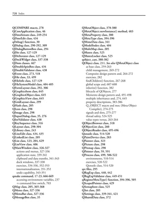728 Index
QCOMPARE macro, 278
QCoreApplication class, 46
QDataStream class, 249-254
QDateEdit class, 434
qDebug() function, 30
QDialog class, 290-292, 309
QDialogButtonBox class, 294
QDir class, 127-129
QDirIterator class, 127-129
QDockWidget class, 337-338
QDom classes, 467
QDoubleSpinBox class, 434
QDoubleValidator class, 438
QEvent class, 273, 518
QFile class, 33, 499
QFileInfo class, 127-129
QFileSystemModel class, 404-405
QFormLayout class, 292, 306
QGraphicsItem class, 645
QGraphicsObject class, 645
QGraphicsView class, 645
QGridLayout class, 299
QHash class, 205
QIcon class, 298
QImage class, 298
QInputDialog class, 35, 276
QIntValidator class, 438
QKeySequence class, 316
QLayout class, 298-304
QLibrary class, 243
QLineEdit class, 434, 435
QLinkedList class, 205
QList class, 123, 204, 629
QListView class, 406
QMainWindow class, 326-327
actions and menus, 327-336
application state, 339-341
clipboard and data transfer, 341-343
dock windows, 337-338
exercises, 334-336, 352-353
internationalization, 351-352
undo capability, 343-351
qmake command, 17-23, 666-669
accessing environment variables, 237
-v command-line switch, 703
QMap class, 205, 365-368
QMenu class, 327-336
QMenuBar class, 327-336
QMessageBox class, 35
QMetaObject class, 378-380
QMetaObject::newInstance() method, 483
QMetaProperty class, 380
QMetaType class, 394-396
QMimeData class, 341
QModelIndex class, 404
QMultiMap class, 205
QMutex class, 525
QMutexLocker class, 525
qobject_cast, 380-382
QObject class, 211. See also QMetaObject class
as base class, 259-263
child management, 269-272
Composite design pattern and, 264-272
exercises, 282
findChildren() function, 267-268
global scope and, 607-608
inherits() function, 382
lifecycle of QObjects, 277
Memento design pattern and, 491-498
multiple inheritance and, 274, 645
property descriptions, 383-386
Q_OBJECT macro and moc (Meta Object
Compiler), 274-275
signals and slots, 275-277
thread safety, 524-525
value types versus, 263-264
QObjectBrowser class, 318
QObjectList class, 260
QObjectReader class, 495-496
Qonsole class, 514-520
QPaintDevice class, 283
QPainter class, 323
QPicture class, 298
QPixmap class, 298
QPointer class, 59, 591
QProcess class, 499, 506-522
environments, 510-514
exercises, 520-522
Qonsole class, 514-520
qrc files, 295
QRegExp class, 440, 442
QRegExpValidator class, 449-451
qRegisterMetaType() function, 394-396, 505
QScopedPointer class, 429
QSemaphore class, 525
QSet class, 205
QSettings class, 339-341, 421
QSharedData class, 372
 